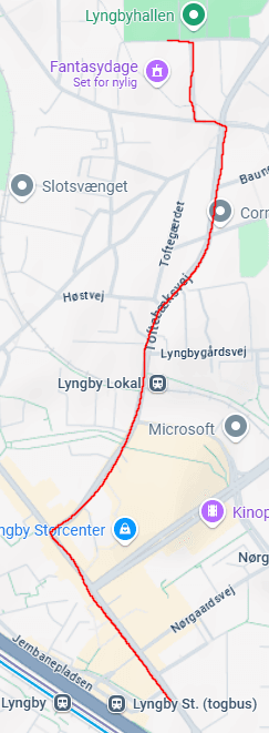 Kort over gå-rute fra Lyngby Station til Fantasydage